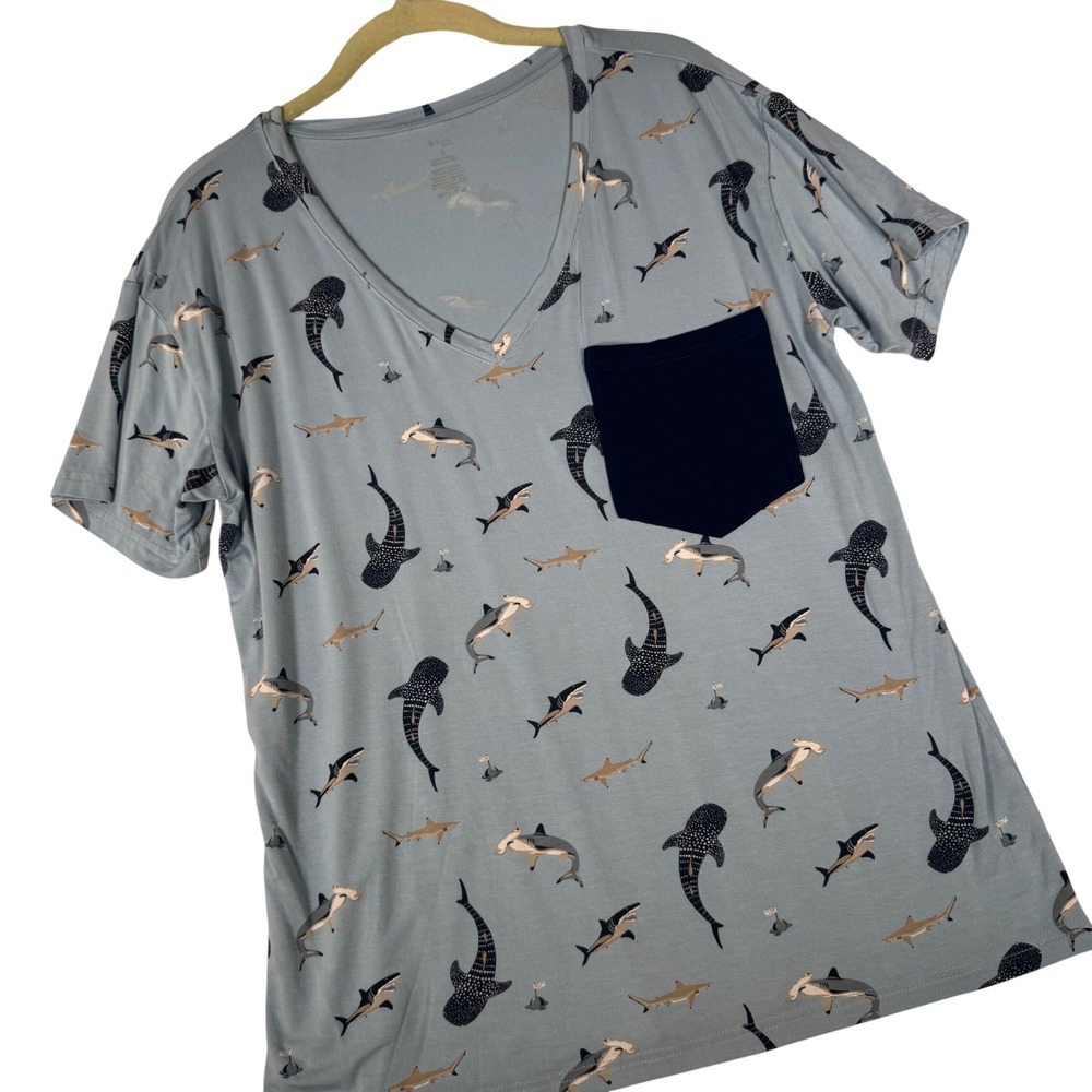 Kyte Baby Shark Print T-Shirt Women S Blue Bamboo V-Neck Pocket Tee Coastal Cool